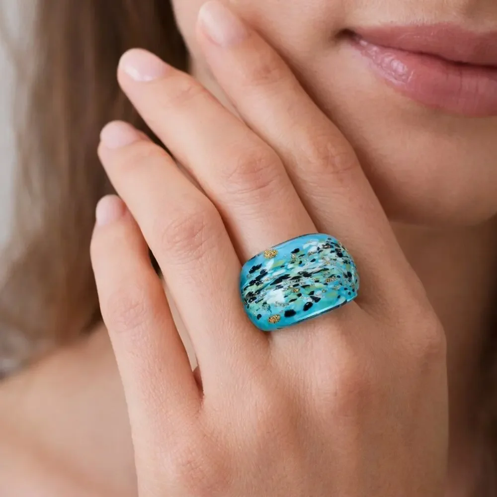 Vintage 80’s 90’s Turquoise Art Glass Statement Ring Fleck Wide Band Size 7 Gift